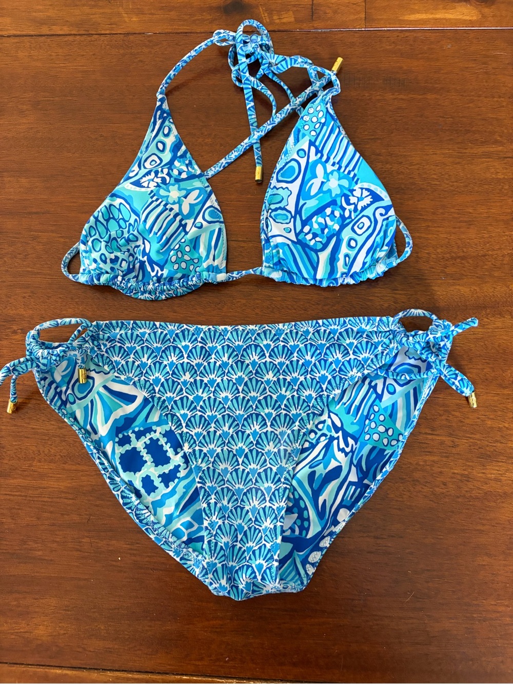 Helen Jon Blue Patterned Triangle String Bikini - Picture 3 of 6